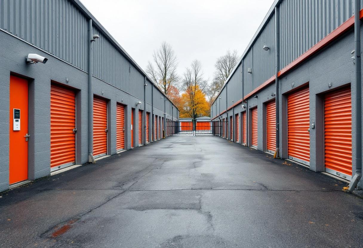 Security cameras monitoring the entrance and drive aisles of a self-storage facility in Ontario