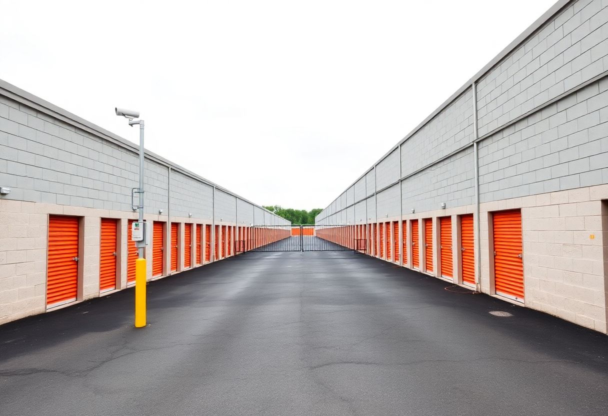 Security cameras monitoring the entrance and drive aisles of a self-storage facility in Ontario