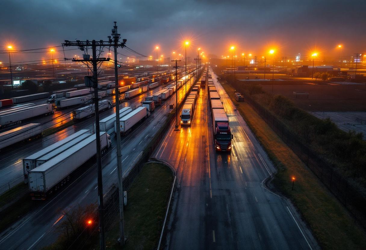 Trucking yard security cameras monitoring cargo and trailers overnight