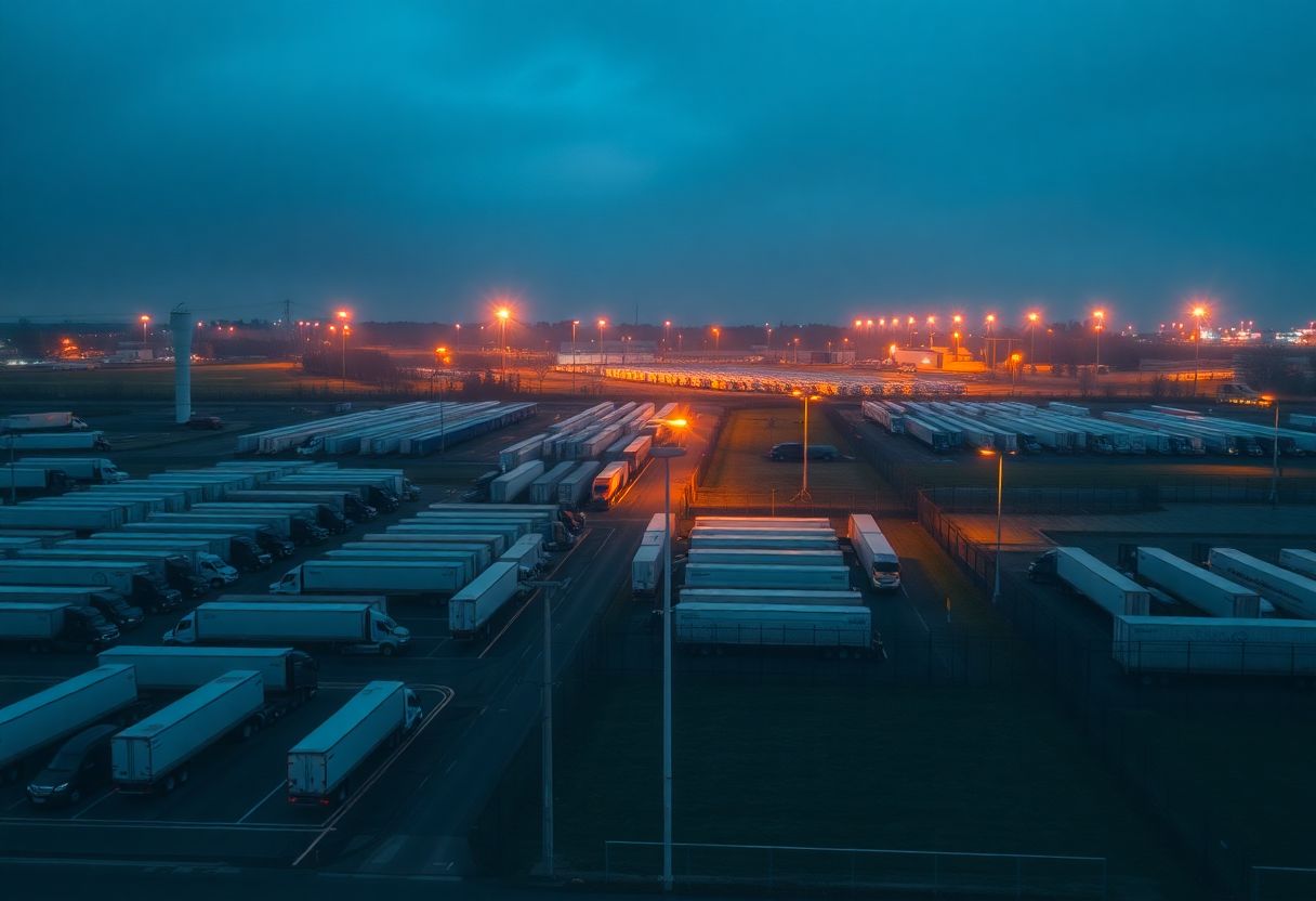 Trucking yard security cameras monitoring cargo and trailers overnight