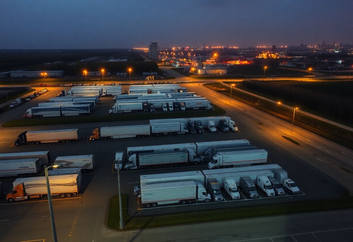 Trucking yard security cameras monitoring cargo and trailers overnight