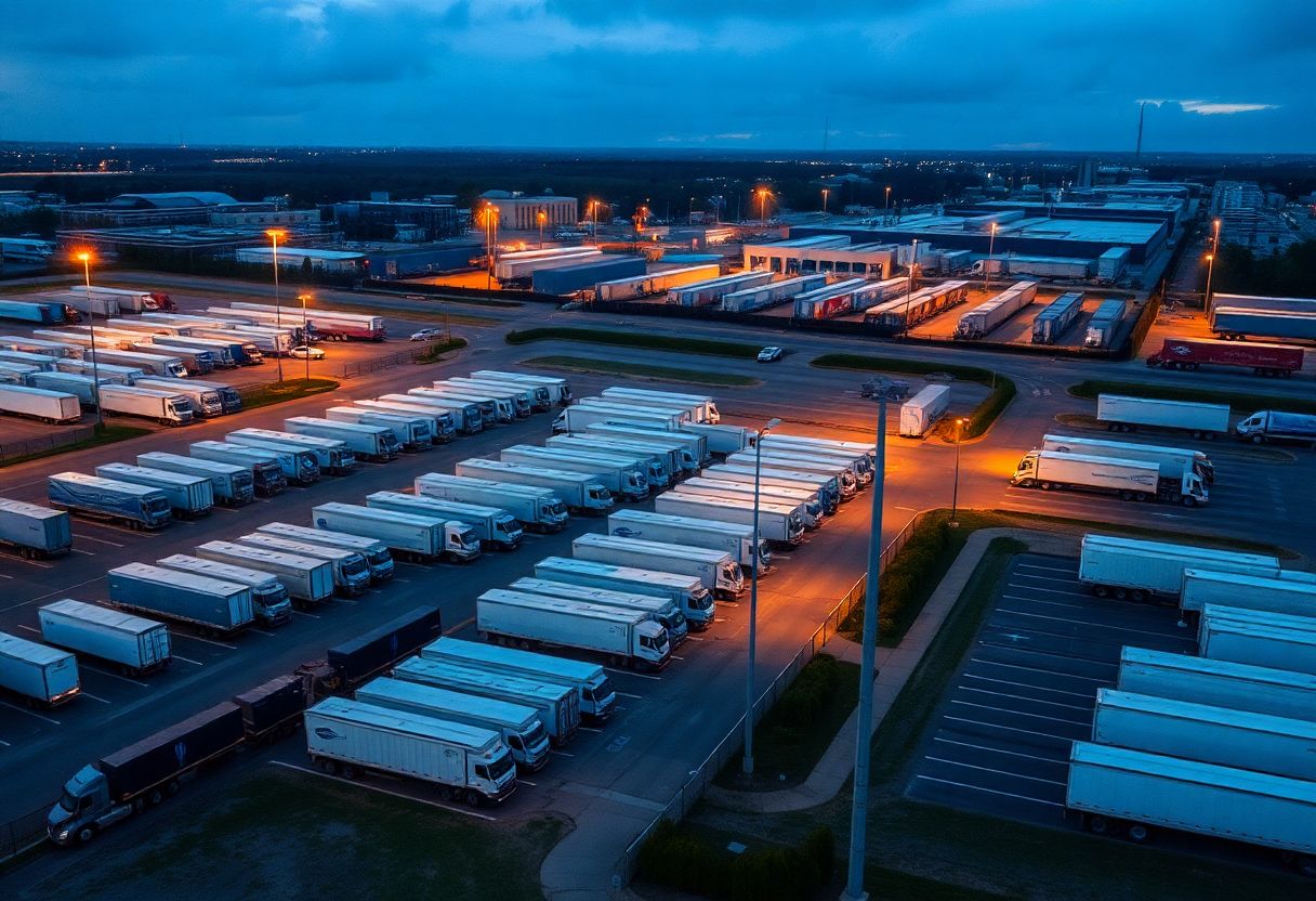 Trucking yard security cameras monitoring cargo and trailers overnight