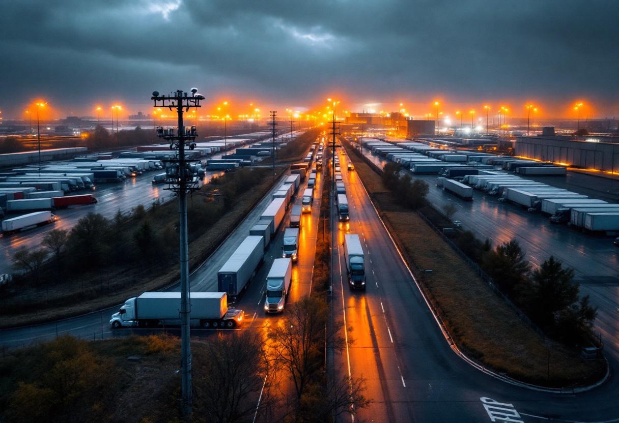 Trucking yard security cameras monitoring cargo and trailers overnight