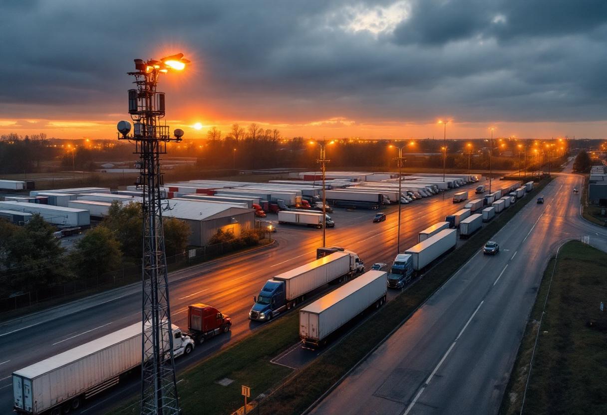 Trucking yard security cameras monitoring cargo and trailers overnight