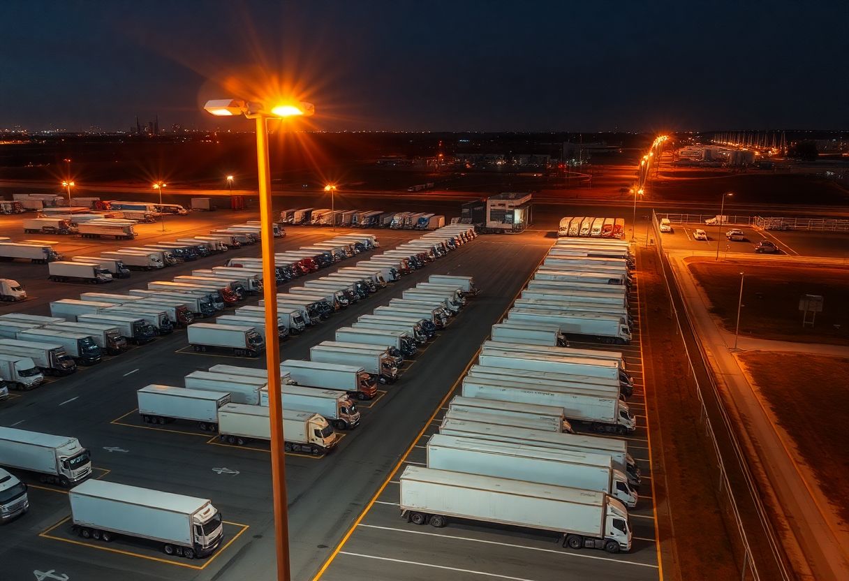 Trucking yard security cameras monitoring cargo and trailers overnight