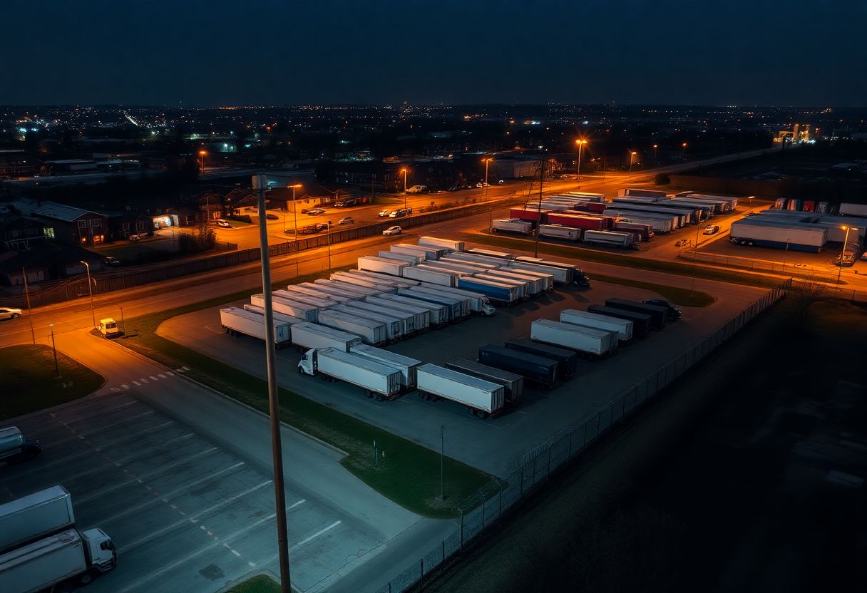 Trucking yard security cameras monitoring cargo and trailers overnight