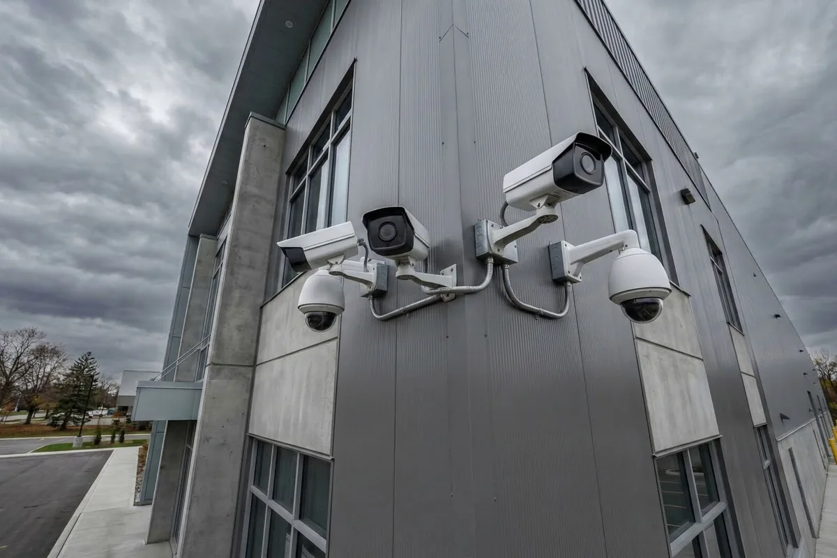 Mobile security surveillance trailer with 4K cameras and solar panel deployed on a construction site
