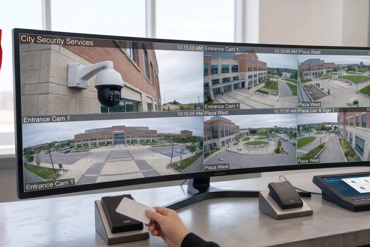 Security cameras monitoring the entrance of a municipal civic building in Ontario