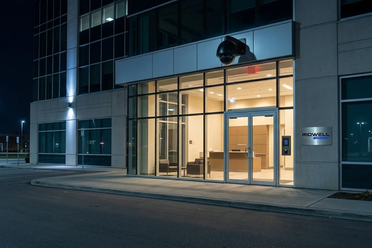 Security cameras monitoring the entrance and lobby of a commercial office building