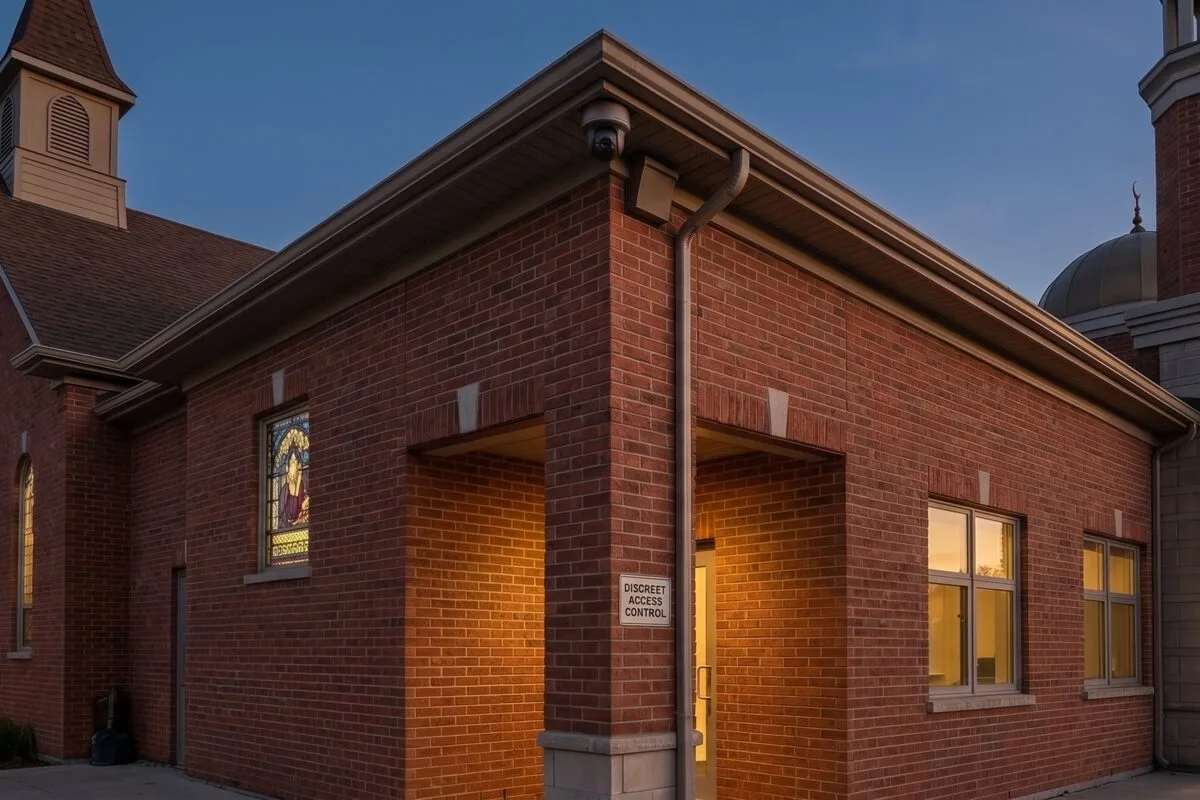 Discreet security camera installed at the entrance of a place of worship in Ontario