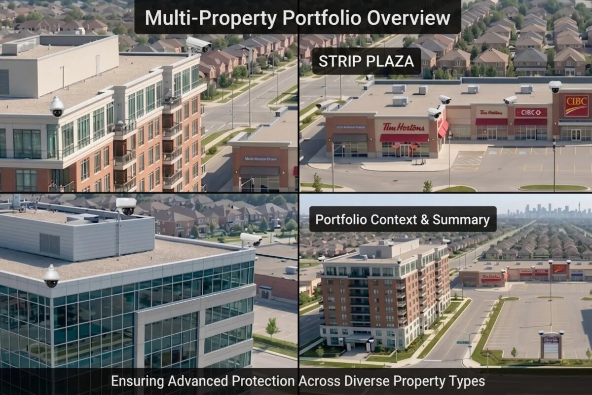 Property manager reviewing multi-site security camera feeds from a single dashboard