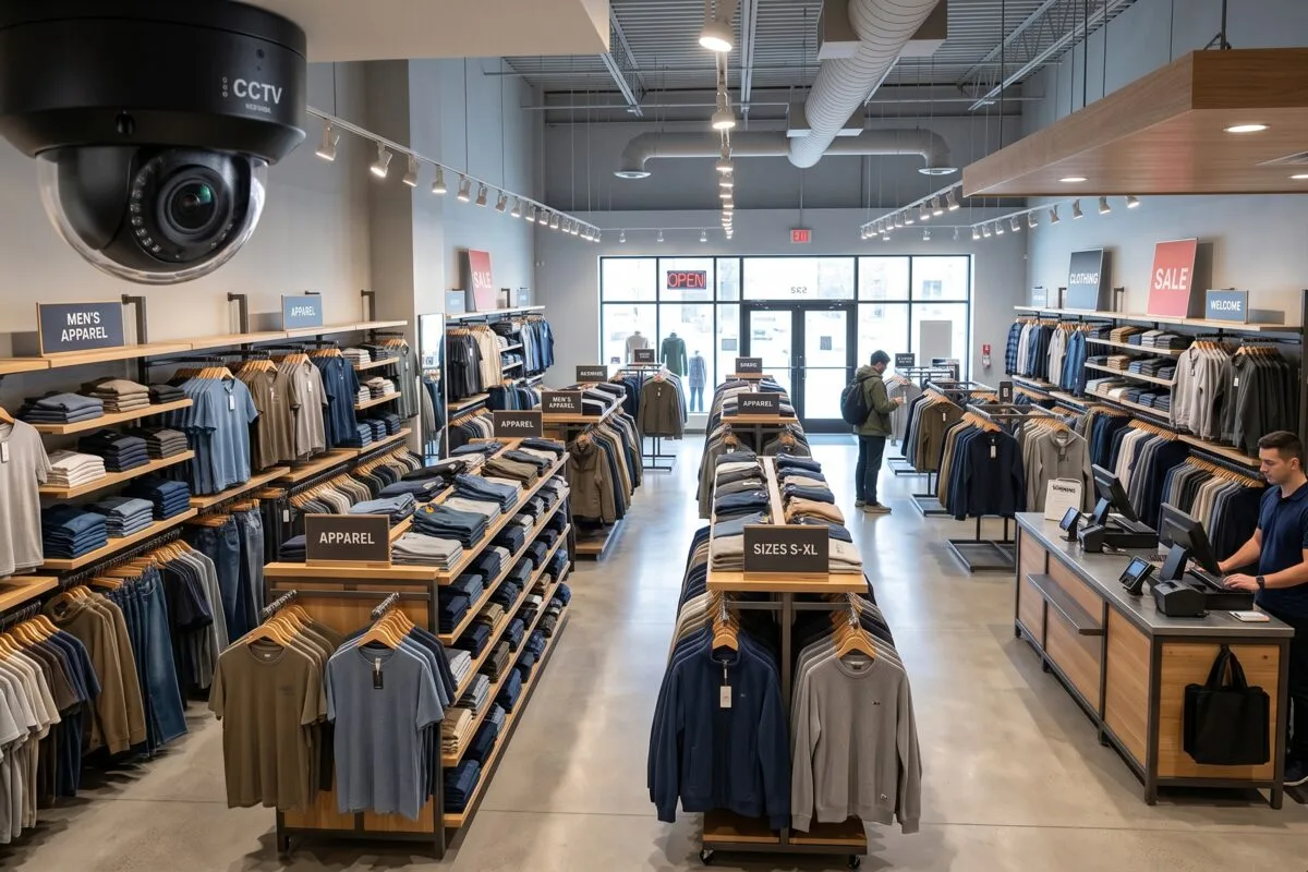 Security camera monitoring the entrance and checkout area of a retail store in Ontario
