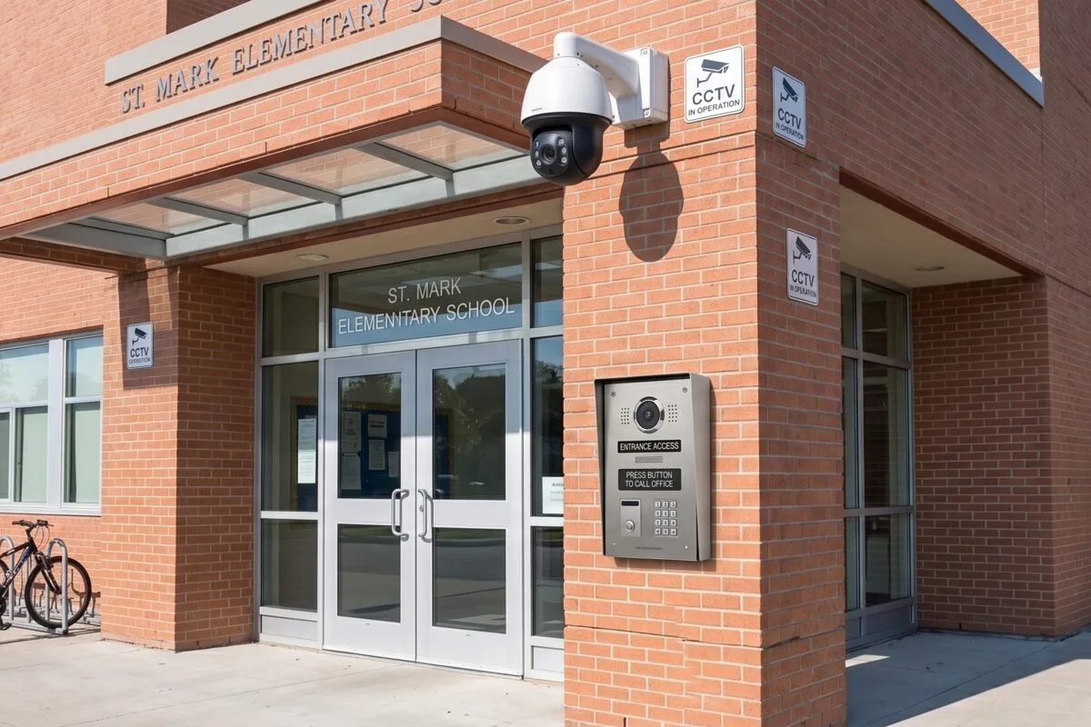 Secure buzzer entry system and camera at the front entrance of an Ontario school