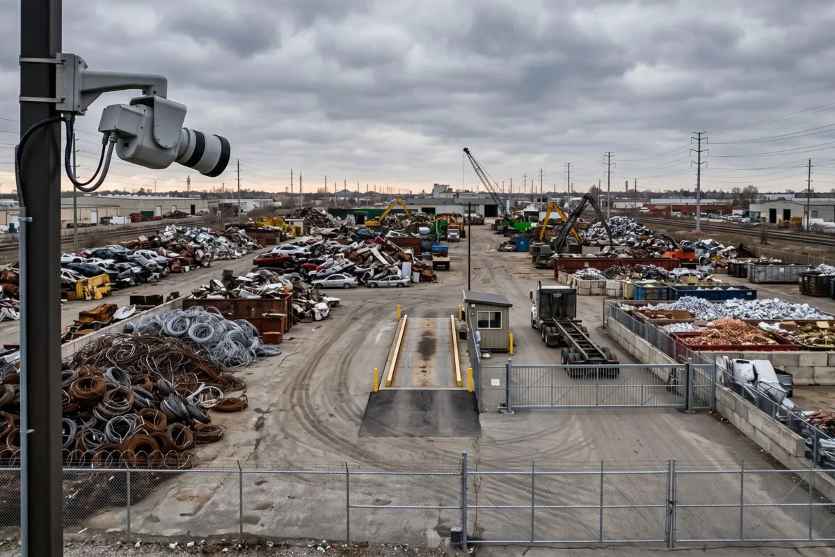 Security cameras monitoring the perimeter and vehicle entrance of a scrap recycling yard in Ontario