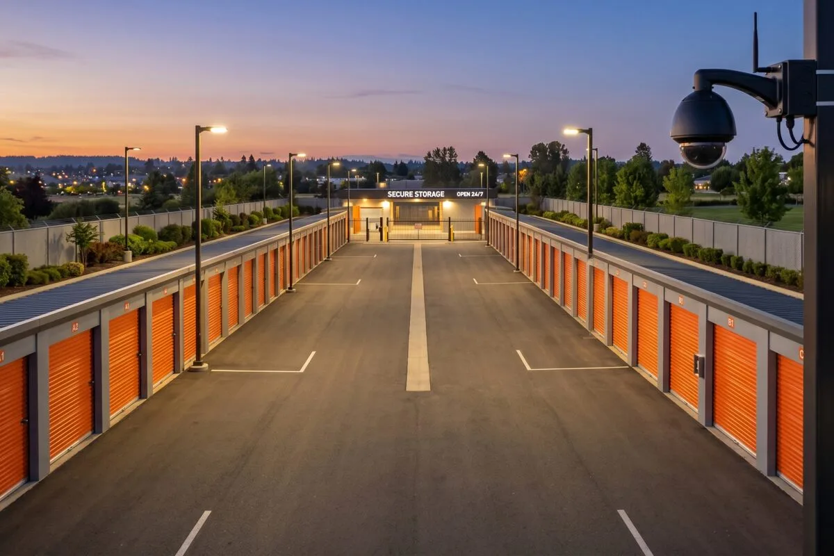 Security cameras monitoring the entrance and drive aisles of a self-storage facility in Ontario